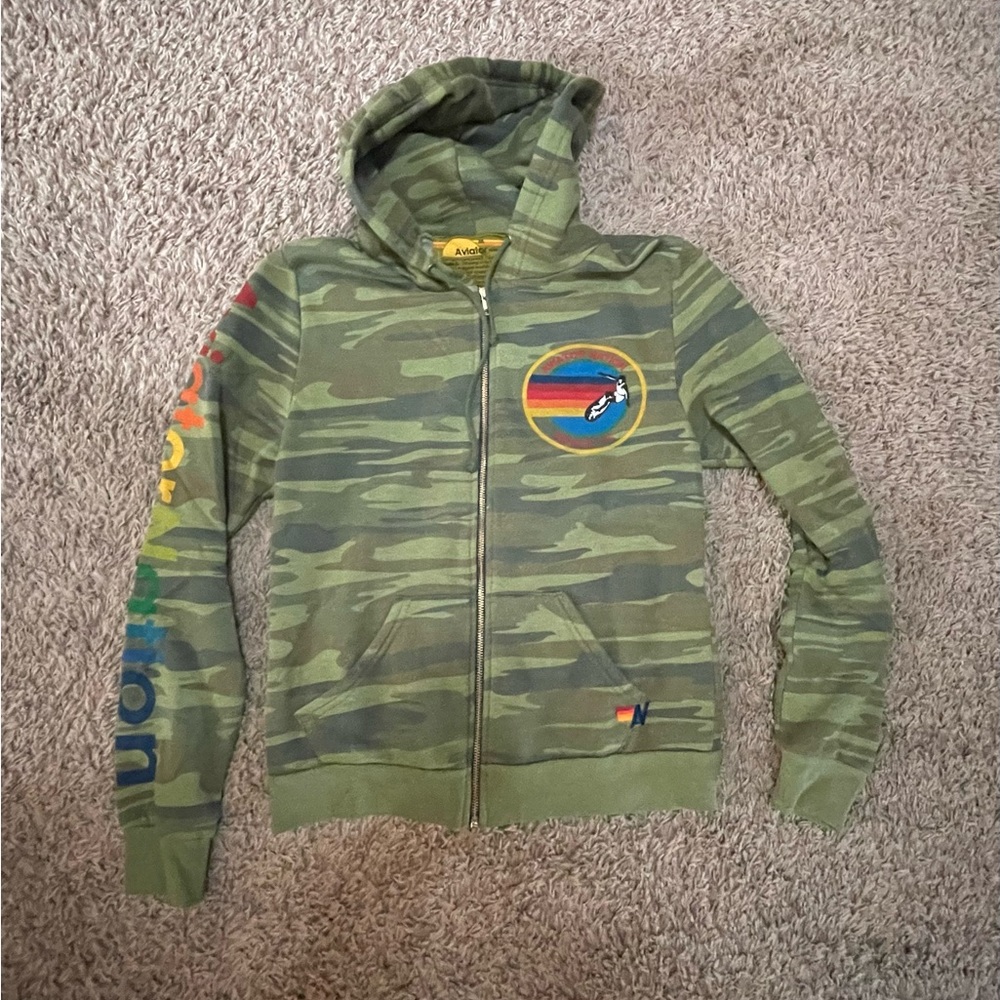 Aviator Nation Green Camo Hoodie with Rainbow Accents